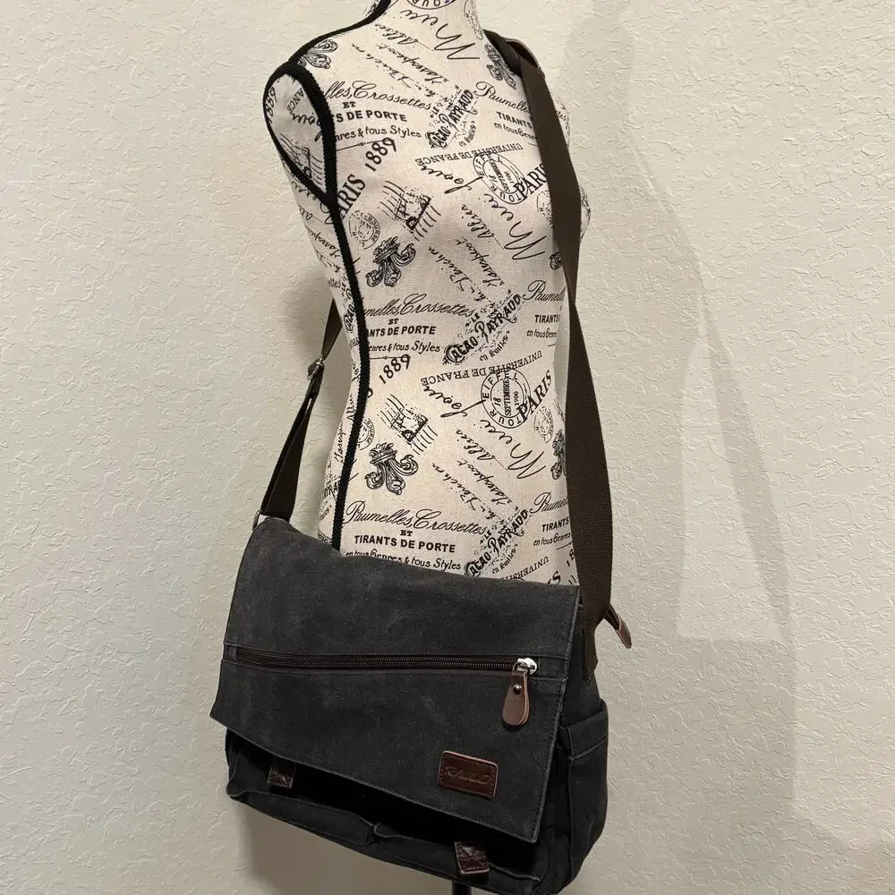 RAVUO Charcoal Canvas Messenger Bag Leather Accents Vintage Workbag Skatestyle